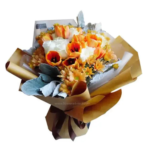 Bouquet with orange tulips, gerberas, and white roses for flower delivery in Singapore