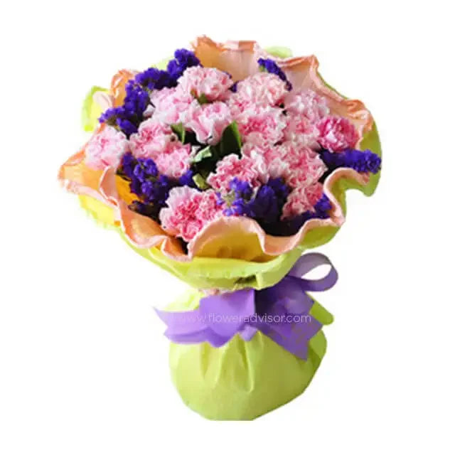 Pink carnations and purple flowers bouquet for same-day flower delivery