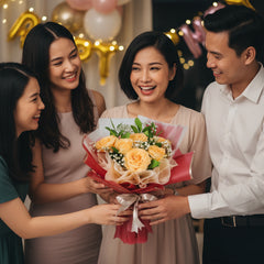 Peach rose bouquet with greenery and baby's breath, ideal for flower delivery gift