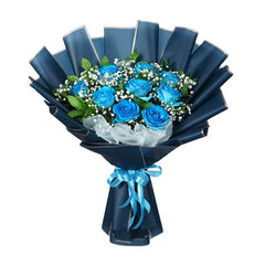 Blue rose bouquet with baby's breath and greenery, perfect for flower delivery in Singapore