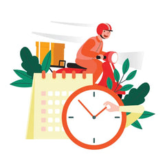Express flower delivery illustration with courier on scooter, calendar, and clock