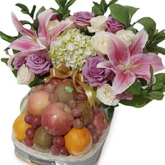 Elegant flower and fruit basket with lilies, roses, and assorted fresh fruits for delivery