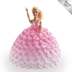 Pink rose swirl cake with Barbie doll for flower delivery gifts