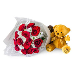 Flower delivery of 12 red roses and white daisies bouquet with a cute teddy bear