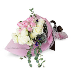 Flower delivery bouquet with 12 white roses and 9 pink tulips in pink wrapping