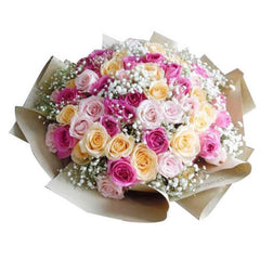 Bouquet delivery of 45 mixed roses in pink, yellow and baby’s breath, perfect for gifting