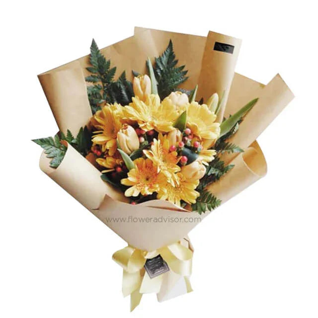 Yellow gerbera and tulip bouquet with greenery, ideal for fresh flower delivery in Singapore
