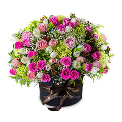 Box of mixed roses and fillers, vibrant bouquet for flower delivery in Singapore