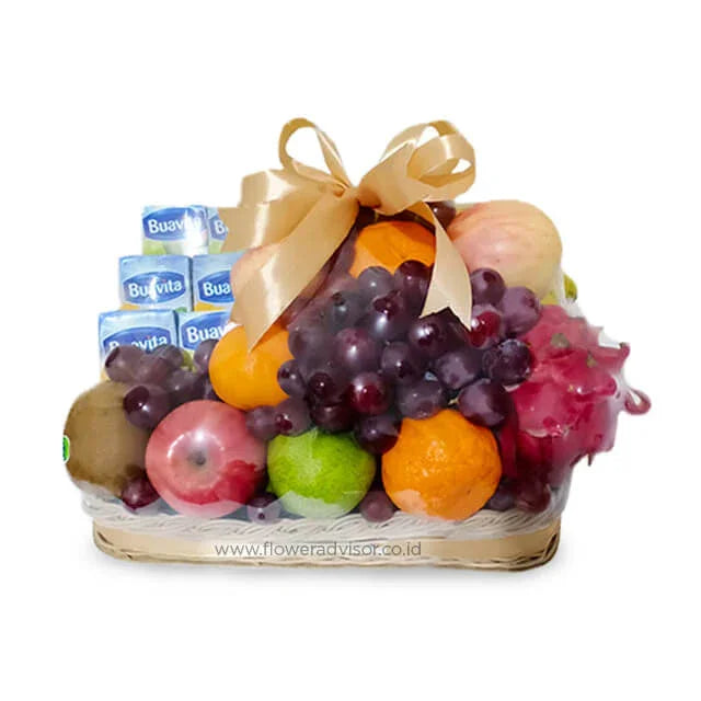 Fruit hamper with tropical fruits and ribbon, ideal for Singapore flower delivery gifts