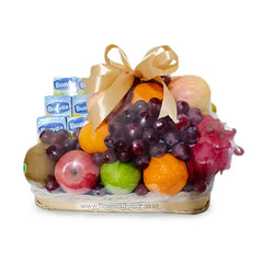 Fruit hamper with tropical fruits and ribbon, ideal for Singapore flower delivery gifts