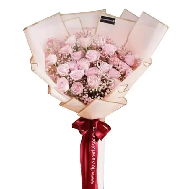 Hand bouquet of 24 pink roses with pink fillers, perfect for flower delivery in Singapore