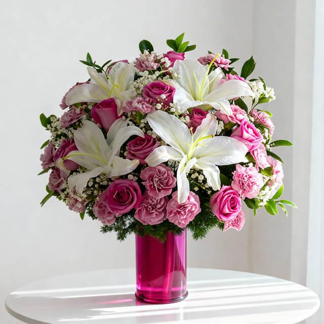 Elegant flower delivery bouquet with white lilies, pink roses, and carnations in a pink vase