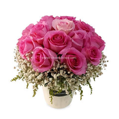 Elegant arrangement of 12 pink roses with white baby's breath in a vase for flower delivery