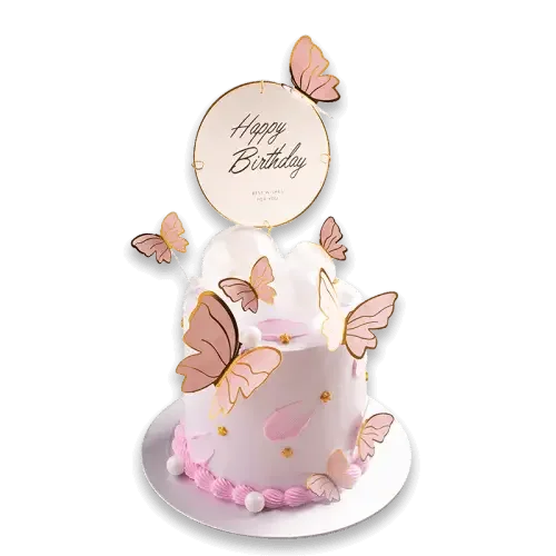 Pink butterfly birthday cake with 'Happy Birthday' topper, perfect for flower delivery gifts