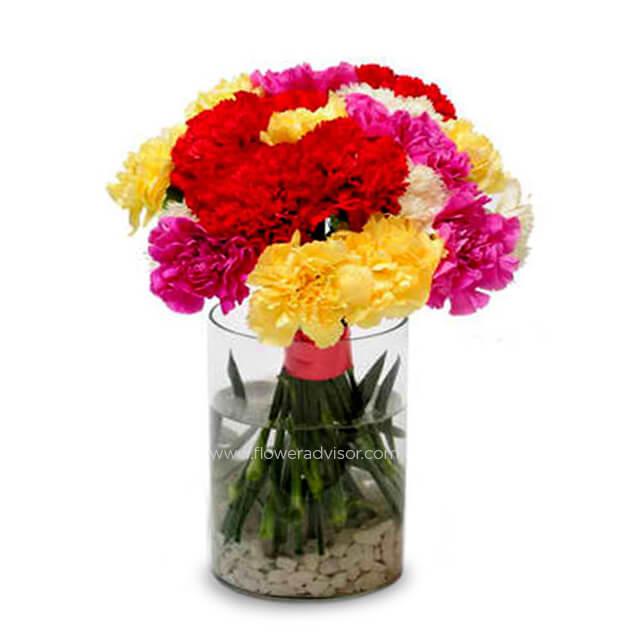 Colorful flower arrangement in glass vase for flower delivery in Singapore
