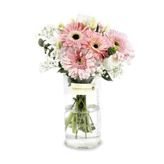 Pink gerbera daisy bouquet in glass vase for fresh flower delivery in Singapore