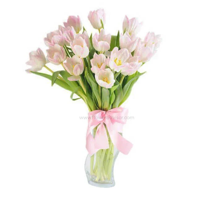 Elegant pink tulip bouquet in glass vase with ribbon, perfect for flower delivery in Singapore
