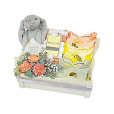 Baby gift hamper with flowers, soft toy bunny, baby clothes, ideal for flower delivery