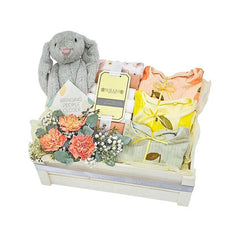 Baby gift hamper with flowers, soft toy bunny, baby clothes, ideal for flower delivery
