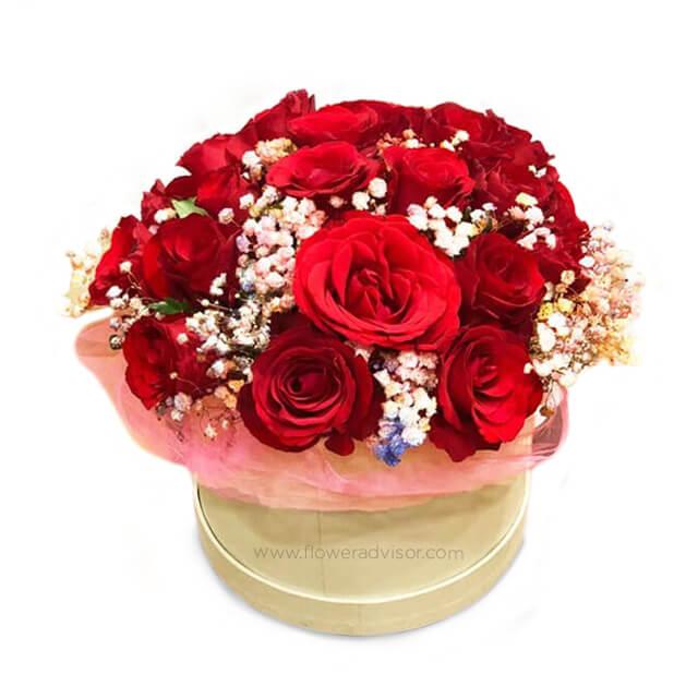 Arrangement of 20 fresh red roses with white fillers in a box for flower delivery