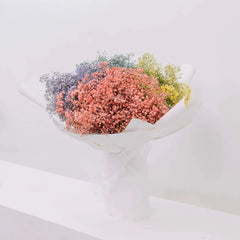 Colorful baby’s breath bouquet for flower delivery, wrapped in white paper