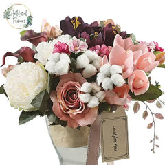 Elegant artificial flower bouquet in pink, white, and burgundy for flower delivery in Singapore