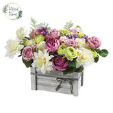Colorful artificial flower arrangement in wooden box for flower delivery in Singapore