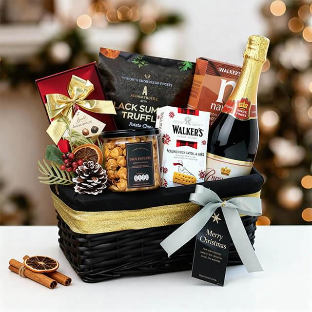 Festive Christmas hamper with gourmet treats, wine, and holiday accents for flower delivery gifts