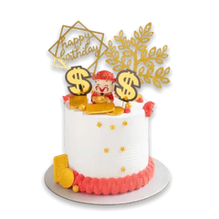 Birthday cake with gold dollar signs and festive decorations for flower delivery
