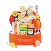 Festive flower gift hamper with sparkling rose drink, tea, snacks and golden bow for delivery