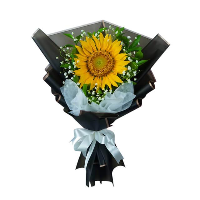 Single sunflower bouquet with greenery and baby's breath for flower delivery in Singapore