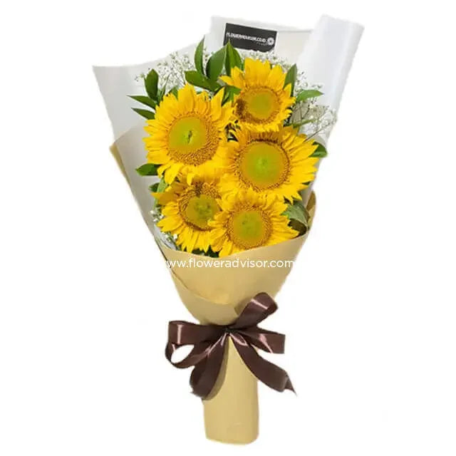 Sunflower bouquet with greenery and white accents, perfect for flower delivery in Singapore
