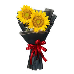 Sunflower bouquet with red ribbon for flower delivery, elegant black wrapping