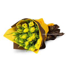 Yellow rose bouquet with greenery, wrapped in yellow and brown paper, for flower delivery
