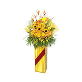 Grand opening flower stand with yellow sunflowers and congratulatory message, ideal for delivery