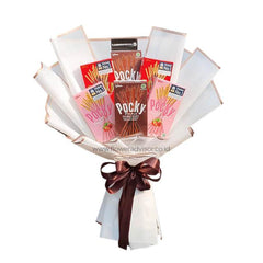 Pocky chocolate stick bouquet for flower delivery, wrapped in white paper with brown ribbon, perfect gift