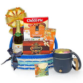 Hari Raya festive gift hamper with snacks, chocolates, drink, and card for delivery