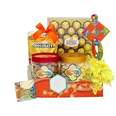 Hari Raya gift hamper with festive snacks, chocolates, cookies, and yellow flowers for flower delivery