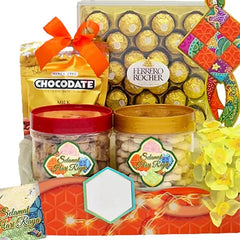Hari Raya gift hamper with cookies, chocolates, festive decor and fresh yellow flowers for delivery