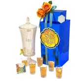 Hari Raya flower delivery set with orange roses, blue gift box, glass dispenser and drinks