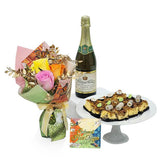 Hari Raya flower bouquet with mixed roses, cake, sparkling juice and festive card for delivery