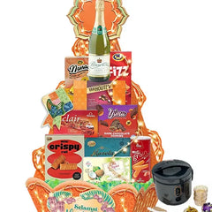 Festive Hari Raya hamper with snacks, cookies, grape juice, and rice cooker for gift delivery