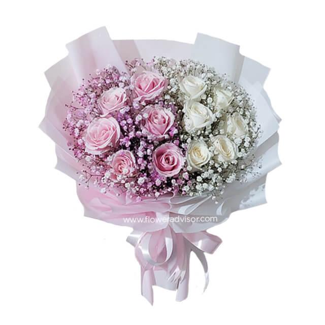 Elegant hand-tied bouquet with pink and white roses, ideal for flower delivery in Singapore