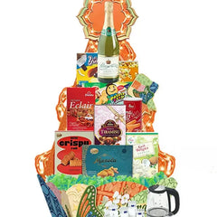 Gift hamper with assorted snacks, drinks, and festive packaging for flower delivery