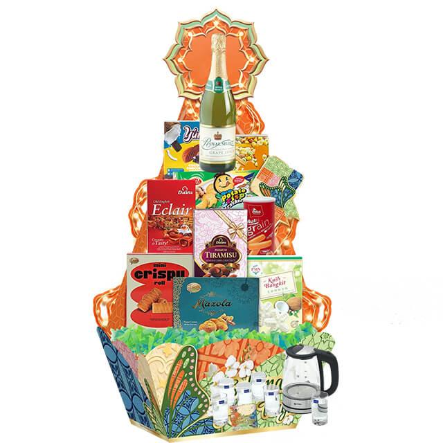 Flower delivery gift basket with snacks, drinks, and tea pot, perfect for celebrations