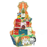 Flower delivery gift basket with snacks, drinks, and tea pot, perfect for celebrations