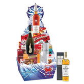 Festive gift hamper with assorted treats, wine, and whisky for flower delivery occasions