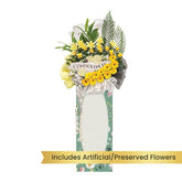 Condolence flower stand with yellow and white fresh flowers for delivery