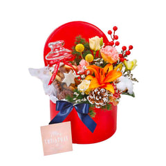 Festive flower arrangement with cookies in red box, perfect for flower and gift delivery