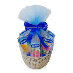 Juice hamper basket with blue ribbon, ideal for flower delivery and gift occasions